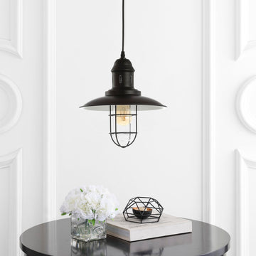 Deere 12" Adjustable Iron/Glass Cage Light LED Pendant - JONATHAN Y